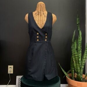 Free People Navy Pinstripe Sleeveless V-Neck Romper Dress with Gold Buttons